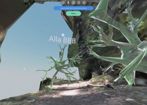 Virtual-Reality-Raum mit zwei Wurzel-Avateren, die sich auf einem Weg unterhalb einer Felsspalte befinden.