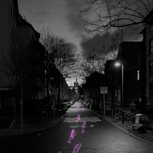 Straßenzug in schwarz/weiß, es zeichnen sich Bäume neben der in der Mitte verlaufenden Straße ab. Auf der Straße sind Fußspuren in pink auf das Bild aufgemalt.