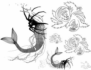 Eine Schwarz-weiß-Zeichnung, das ein Mischwesen aus Fisch, Spinne und Schnecke abbildet, außerdem mehrere Pflanzen und eine Krake.