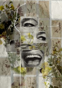 Das Bild zeigt eine Collage aus getrockneten Blumen und Versatzstücke des Gesichts von Hannelore Elsner. Ein großer Lachender Mund, ein geschlossener Mund, zwei Augen.