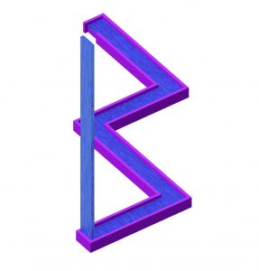 Ein Computer-animiertes Objekt in den Farben Blau und Lila, das an ein großes B erinnert.