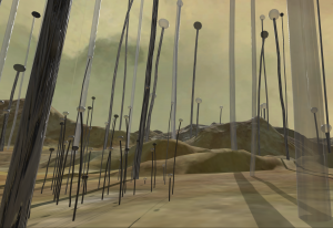Eine wüstenartige VR-Landschaft mit Hügeln, auf der futuristische Pflanzen in die Höhe ragen.