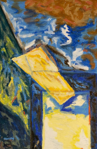 Ein Bild gemalt mit Ölkreiden, in der verschiedene Farben Muster und Formen bilden. Wände und Decke eines Raumes sind zu erkennen, sowie zentral ein strahlendes, gelbes, etwas schiefes Rechteck.