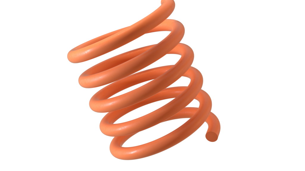 Das Bild ist eine Computeranimation einer orangefarbenen spiralförmigen Feder vor weißem Hintergrund.